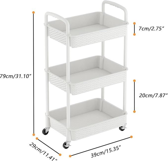 MOYIPIN 3-Tier Plastic Rolling Utility Cart with Handle,Utility Storage Cart for Office, Living Room, Kitchen,Movable Storage Organizer Shelves,White | Utility Storage Cart for Office, Living Room, Kitchen,Movable Storage Organizer，Easy installation，Ra...