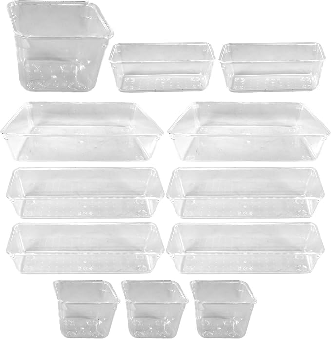 13pcs Plastic Storage Organizer Set for Drawer and Working Desk, Pet Material with Mix and Match Organizational System, Classified Organization, Sturdy and Not Easy to Deform