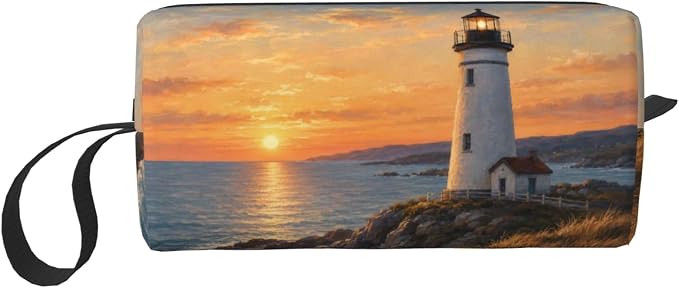 Lighthouse at Golden Sunset Makeup Bag for Women, Cosmetic Pouch | Double-Sided Sunset Lighthouse Cosmetic Organizer with Foam Padding for Women, Travel, Gym, School, and Daily Storage