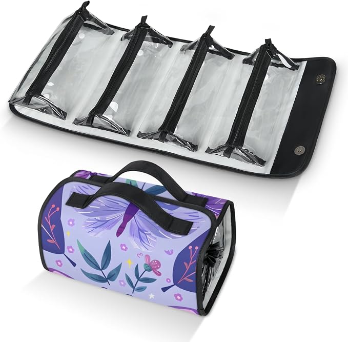 Purple Butterfly Makeup Bag for Women Hanging Roll-Up Travel Organizer Toiletry Kit with 4 Removable Compartments, Butterflies Rustic Floral