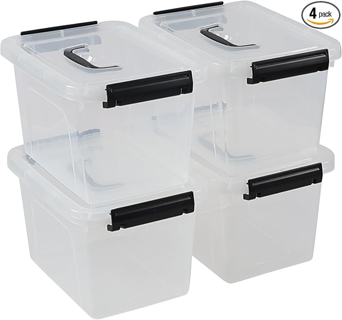 6 Quart Clear Lidded Organizer Bin 4 Pack | Plastic, Latch Storage Box