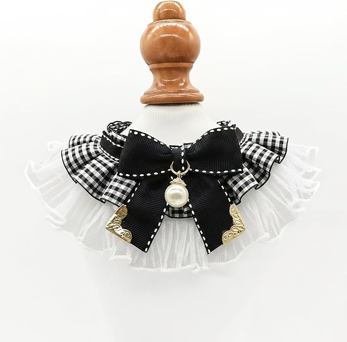 Elegant Lace Cat Collar, Adjustable Pet Bow Tie Bib for Small Dogs and Cats, Cute Princess Pearl Scarf Outfit for Wedding Party Photoshoots（M 6.6-11 lbs）