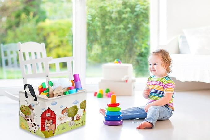 Rectangular Kids Baskets,Farm Baskets for Kids .Waterproof PE Coating Cute Basket with Handles.Boys Bins,Gifts Box,Books Basket. (Farm)