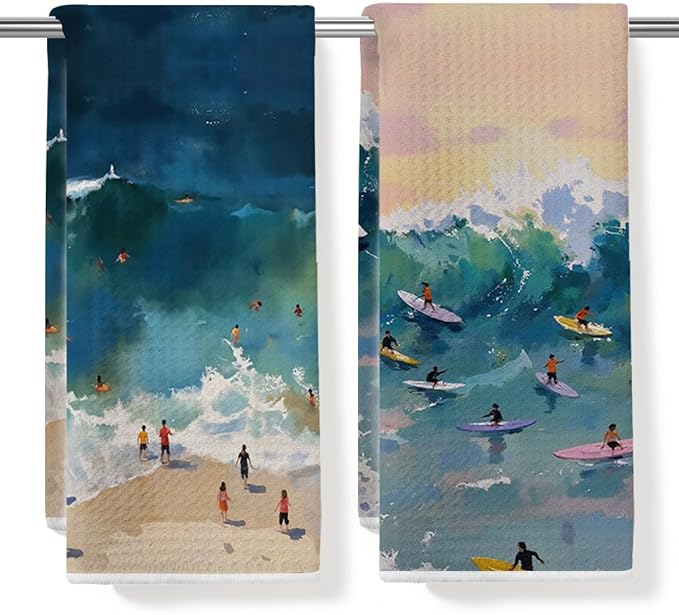 2PCS Coastal Surf Beach Summer Decor Dish Towels 16x24 Inch, Absorbent Microfiber Decorative Dish Cloth Tea Towel, Surf Ocean Beachy Bathroom Room Decor Aesthetic, Housewarming Gifts for Women Men