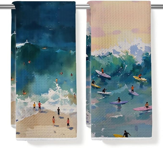 2PCS Coastal Surf Beach Summer Decor Dish Towels 16x24 Inch, Absorbent Microfiber Decorative Dish Cloth Tea Towel, Surf Ocean Beachy Bathroom Room Decor Aesthetic, Housewarming Gifts for Women Men