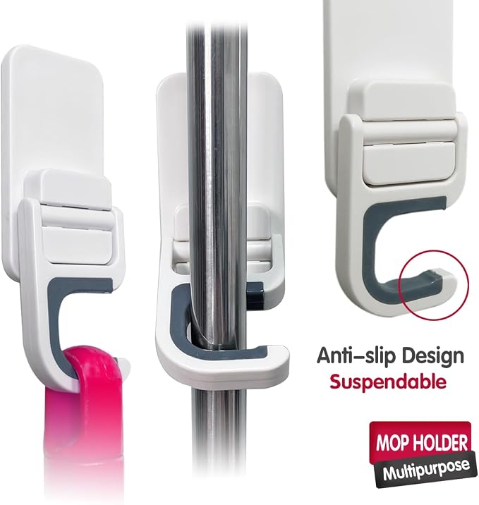 3 Pack Broom and Mop Holder Wall Mount, No-Drill Self-Adhesive Grippers | Secure Anti-Slip Grip Holds Brooms, Mops, Dustpans and Cleaning Tools, Freeing Floor Space and Keeping Them Easy to Reach