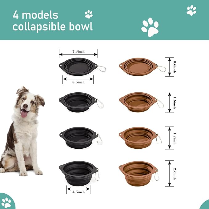 2 Pack Silicone No Spill Collapsible Travel Dog Feeding Bowls | Food-Grade Silicone, BPA Free, Travel Pet Bowls, with Carabiner Clip for Hiking, Durable & Quality, Dishwasher Safe