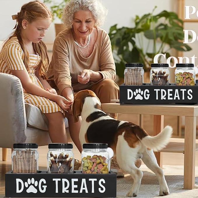 Pet Food Storage Canister with 3 Jars for Kitchen Countertop | Works as dog treat container, ideal for puppy use, sleek black appearance for home kitchen storage