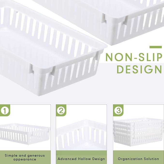 Wenqik Set of 12 Small Plastic Baskets for Organizing, White | See-through Airflow Design, Large Capacity, Gift of Practical, Rectangular, Plastic Organizer for Office, Closets Shelves