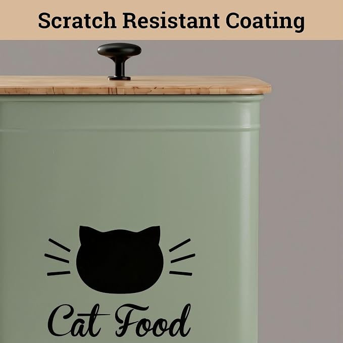 Metal Cat Food Container with Scoop 5-7 lb (25 Cup), w/ Airtight Bamboo Lid | Cat Kibble Canister with Metal Scoop, 25 Cups, Chew Proof Iron Body, Powder Coated, Airtight Bamboo Lid, Sturdy Metal Handle