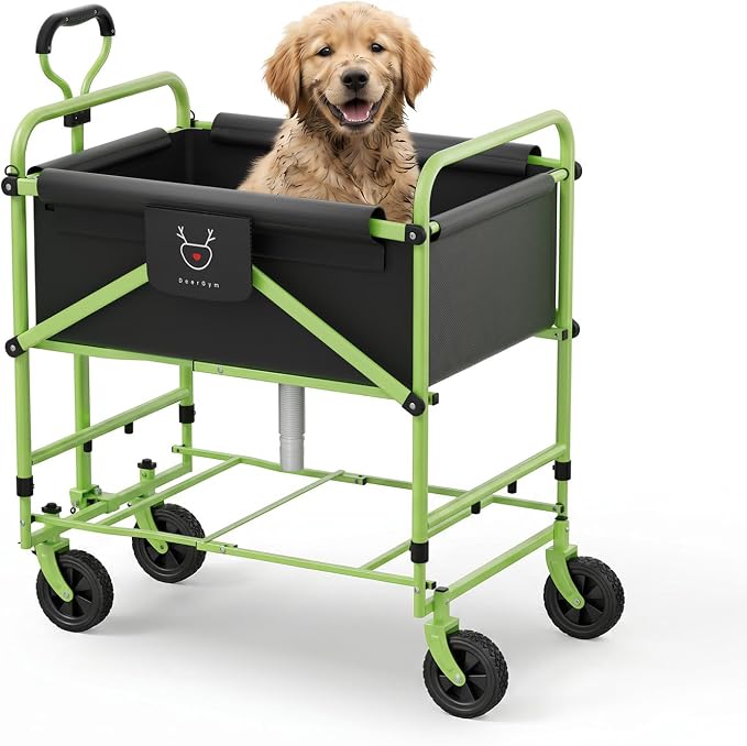 2-in-1 Dog Bathtub and Dog Stroller, Portable Dog Bath and Pet Stroller for Small and Medium Dogs (5-55 lbs) and Cats, Four-Wheel Bathing Cart with Brake Green
