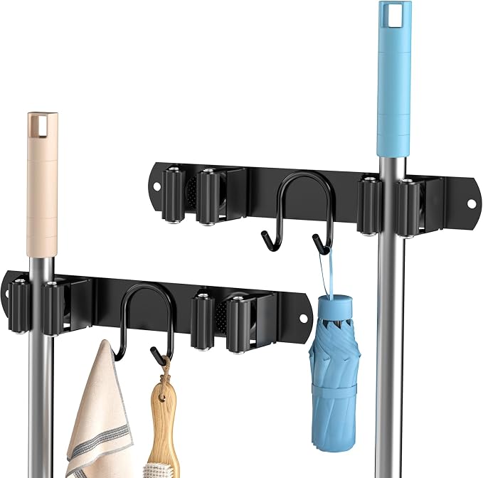 Broom Holder Wall Mount, 2-Pack Stainless Steel Mop and Broom Organizer, Broom Hanger with 2 Slots 2 Hooks for Home Kitchen, Garage, Garden and Laundry Room, Black