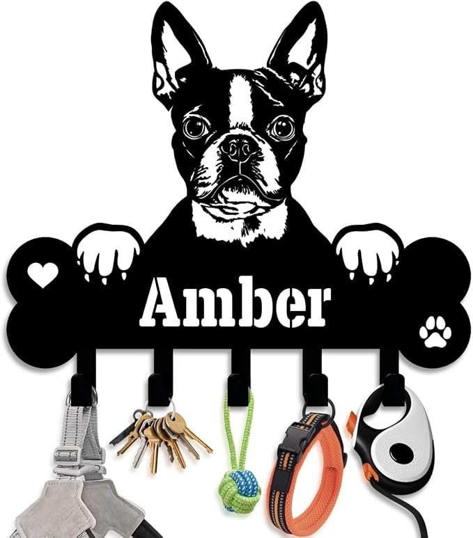 NIWAHO Dog Leash Holder Wall Mount Personalized Name - Custom Boston Terrier Metal Sign with Bone Key Hooks, Pet Leash and Key Organizer for Entryway