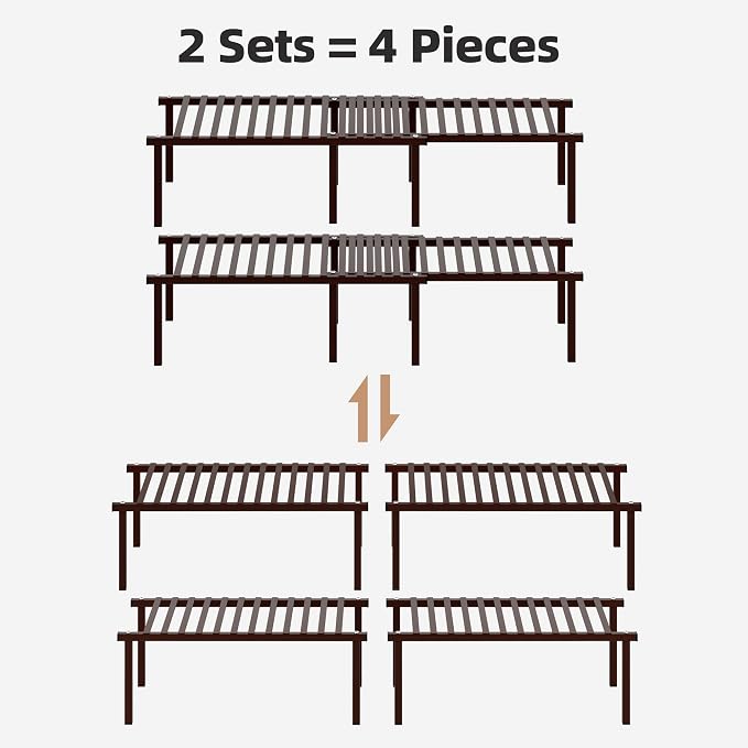 STORAGE MANIAC Expandable Cabinet Organizer Shelf, Set of 4, Brown | 15.8 inches Expandable, Stackable Wire Shelf, Spice Rack, Metal Pantry Storage for Plate Dish, Kitchen Counter Shelves