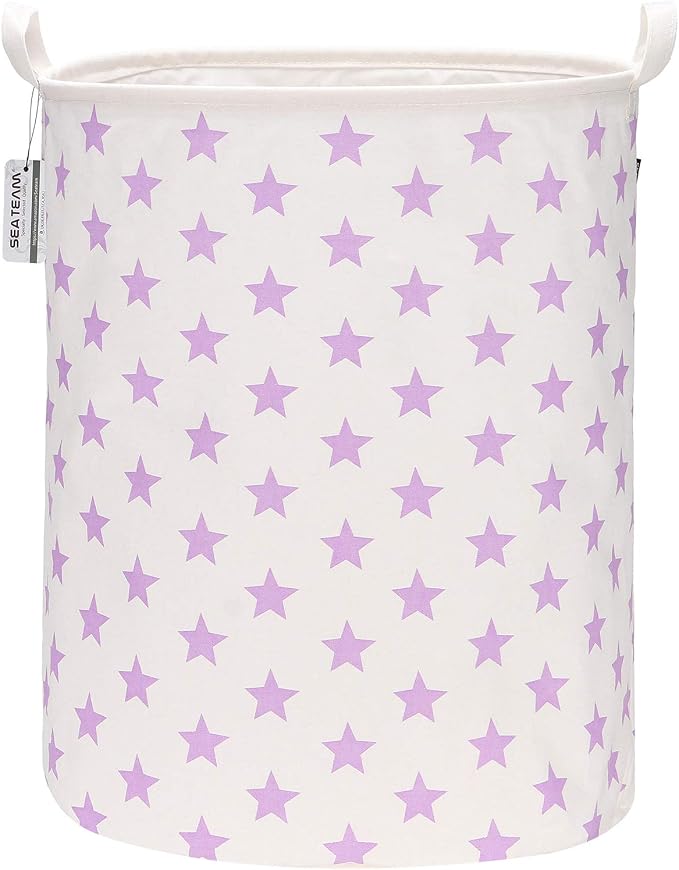 Sea Team Large Canvas Laundry Basket with Handles, Purple Stars | Collapsible Fabric Laundry Hamper, Closet Shelf Organizers, Containers for Clothing, Blankets, Toys, Bedding, 19.7 x 15.7”
