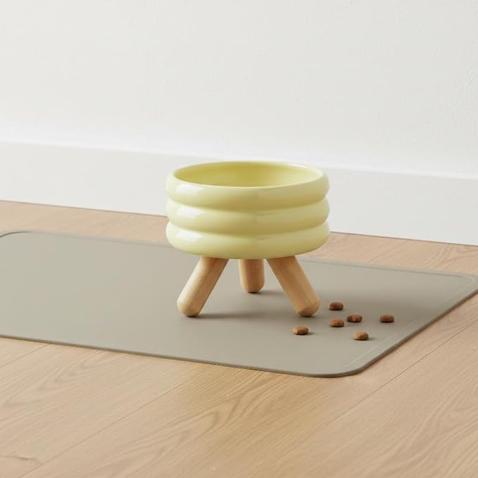 Industrial Dish Elevated Pet Feeding Stand Ceramic Bowl Wood Frame Stable Non Skid Neck Support Comfort Mealtime Organizer Suitable for Cats Dogs Home, Yellow