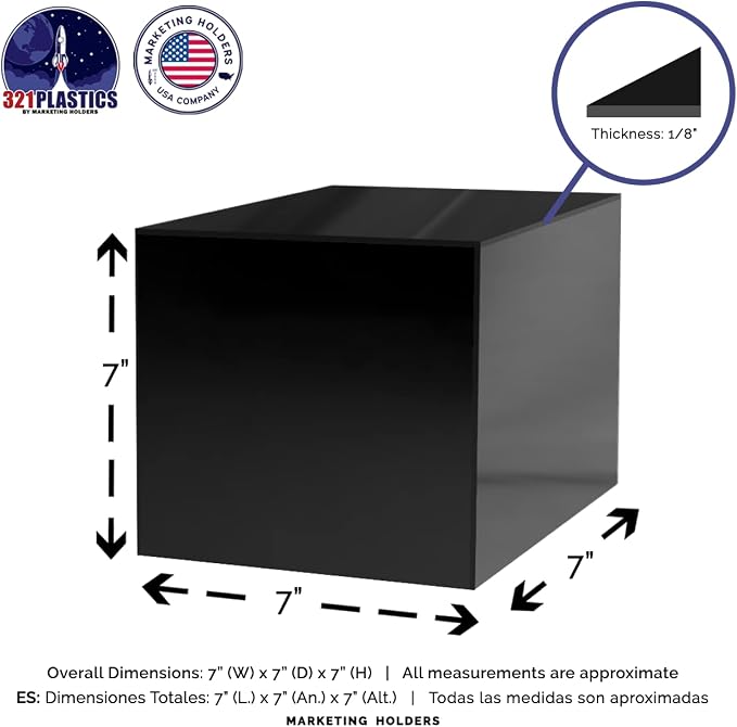 2 Pack 7 Inch Black Acrylic Display Box Versatile Square Plexiglass Retail Product Storage Bin or Merchandise Riser with One Open Side No Assembly by Marketing Holders