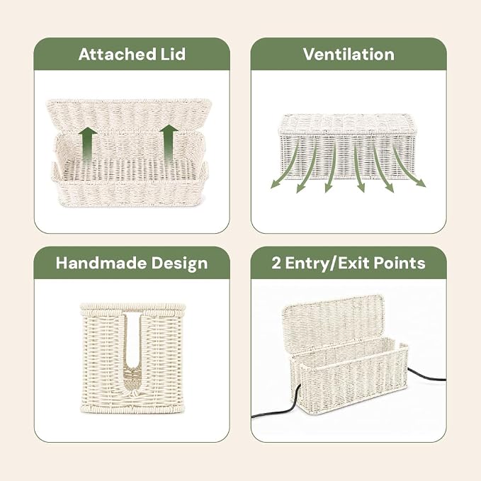 Cable Management Box, Handmade Rattan Cord Organizer for Power Strip | Open Slots Cord Hider for Power Strip, Router & USB Hub, Registered U.S. Design Patent