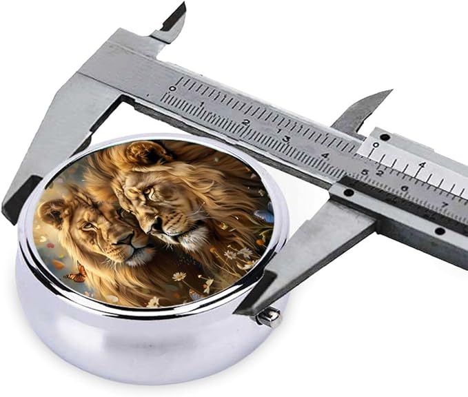 Couple Lions in Love Portable Pill Organizer | 3 Compartment, With Mirror, For Men Women, For Daily Supplements, Vitamins, Fish Oil, Jewelry, Candy, Travel