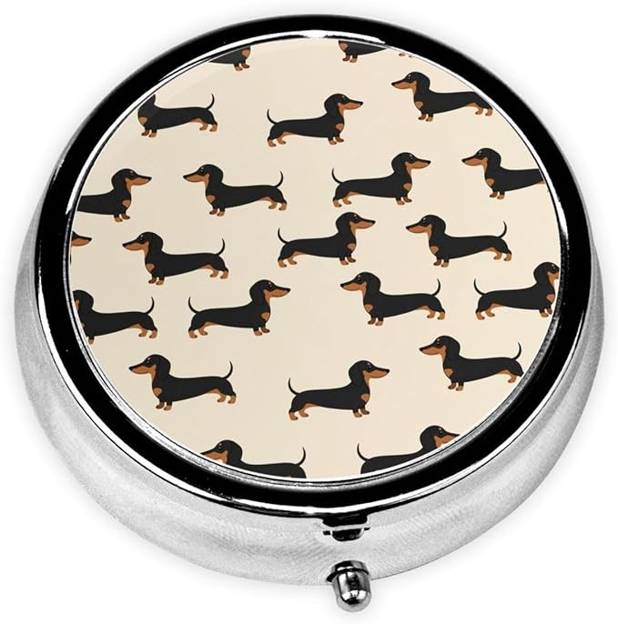 Round Pill Box, Wiener Dog Fabric Doxie Dachshund Weiner Dog Pet Dogs Portable Travel Organizer, Metal Case with Mirror, Pocket Purse Container for Supplements