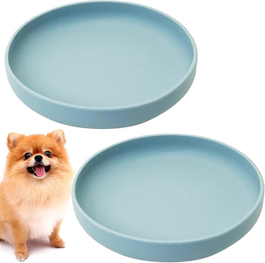 Silicone Dog Bowl Set of 2 Flat Puppy Food & Water Dish Less Mess Cat Dry Food Plates with Suction Cup Non-Tippable Feeding Bowls for Small & Medium-Sized Pets (Round Pale Blue)