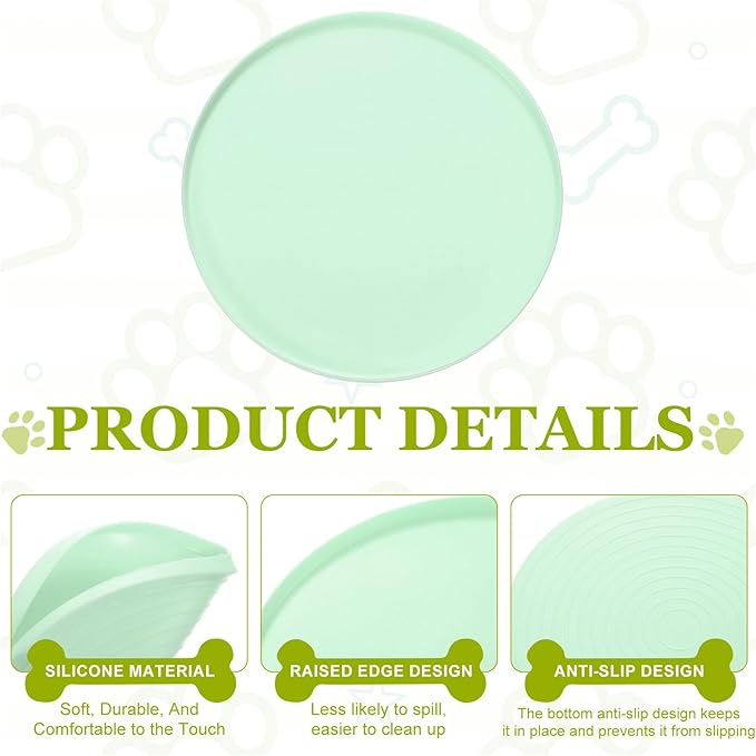 Cat Food Mat, 7x7 Inch Silicone Pet Feeding Mat Non-Slip Round Waterproof Dog Water Bowl Tray Raised Edge Protects Floors (4Pcs, Green), Intended for Pets Bowl/Fountain