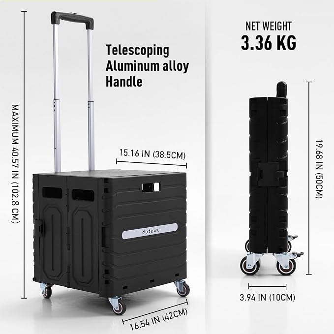 Folding Utility Cart Black Portable Rolling Crate Handcart Foldable Shopping Trolley Collapsible, with Lid, on Wheels, for Grocery, Garden, Office, Storage, Teacher, Tool (Black)