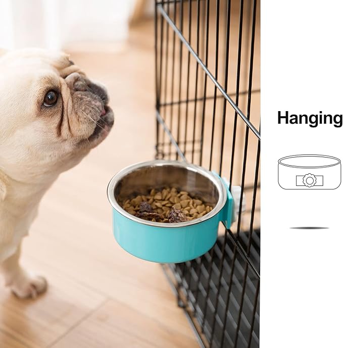 Mechpia 2 Pieces Crate Dog Bowl, Removable Stainless Steel Pet Kennel Hanging Food Water Feeder Bowl Cage Coop Cup for Puppy Medium Dog Cat Rabbit Ferret Bird (Blue,Green) (Pack of 2)