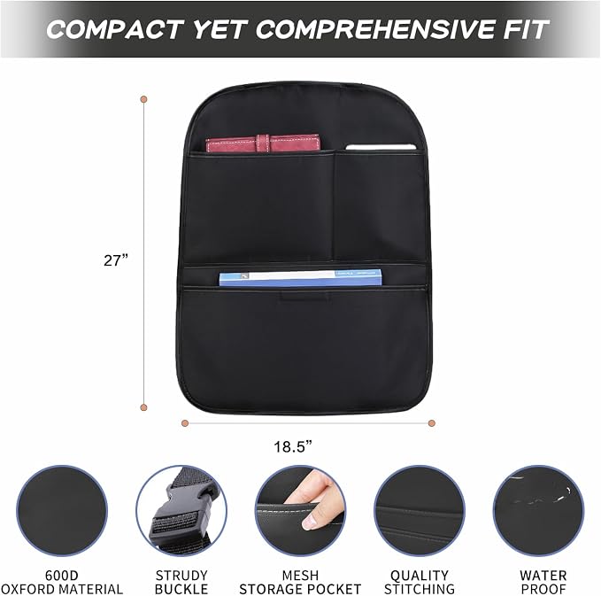 Kick Mat Back Seat Protector， Waterproof Leather Car Seat Back Organizers Cover with 3 Storage Pockets for Kids Pets SUV Sedan Minivan Truck Car Travel Accessories (Black 2-pack)