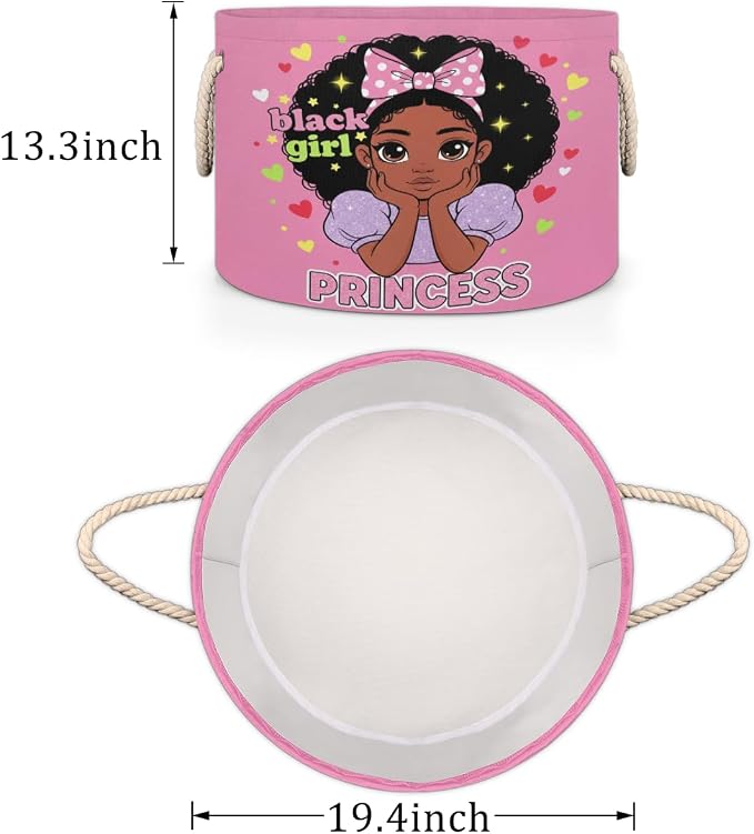 Large Storage Baskets, Black Girl Princess Nursery Organizer Bin Box with Handles Collapsible Round Laundry Hamper for Kids Toys Pet Blanket, Bedroom Living Room Home Decor Gift Basket
