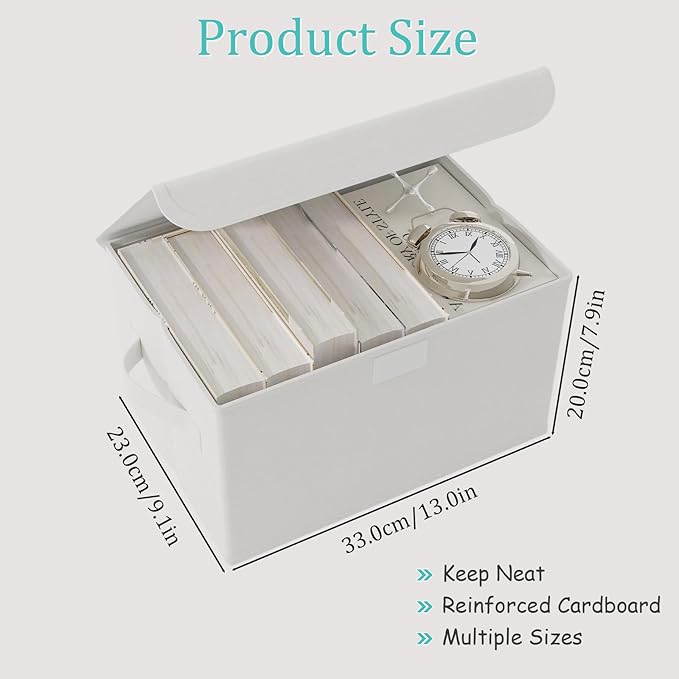Foldable Storage Bins, Closet Boxes, 4 Pack, White, 13x9x7.9 In | Cube Organizer Basket with Flip-Top Lid and 2 Handles, Decorative Boxes for Shelves with Cover for Clothes, Towels, Blanket