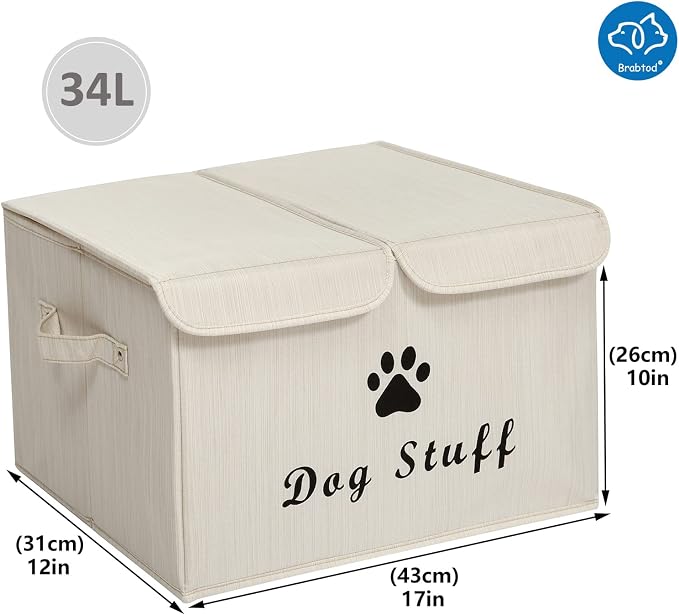 Large Dog Toys Storage Box Canvas Storage Basket Bin Organizer with Lid - Collapsible Linen Bin Ideal for Organizing Dog Cat Toys and pet Stuff-PP Boad-17" x 12" x 10" - Slub Beige
