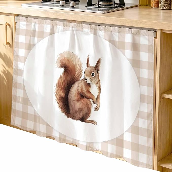 Squirrel Plaid Cabinet Dishwasher Hidden Curtains, Privacy Closet Door Curtain, Modern Farmhouse Checkered Rustic Animal Adhesive Dust Proof Under Sink Skirt for Bathroom Kitchen 35"x35"