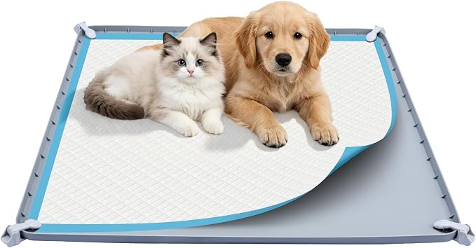 Pee Pad Holder, 24×24 Inch Thickened Silicone Dog Pee Pad Holder Tray | Non Slip Raised Edge Anti Spill Puppy Pad Holder with 4 Fixed Clamps, Easy Cleaning Floor Protection for Puppy Potty Training