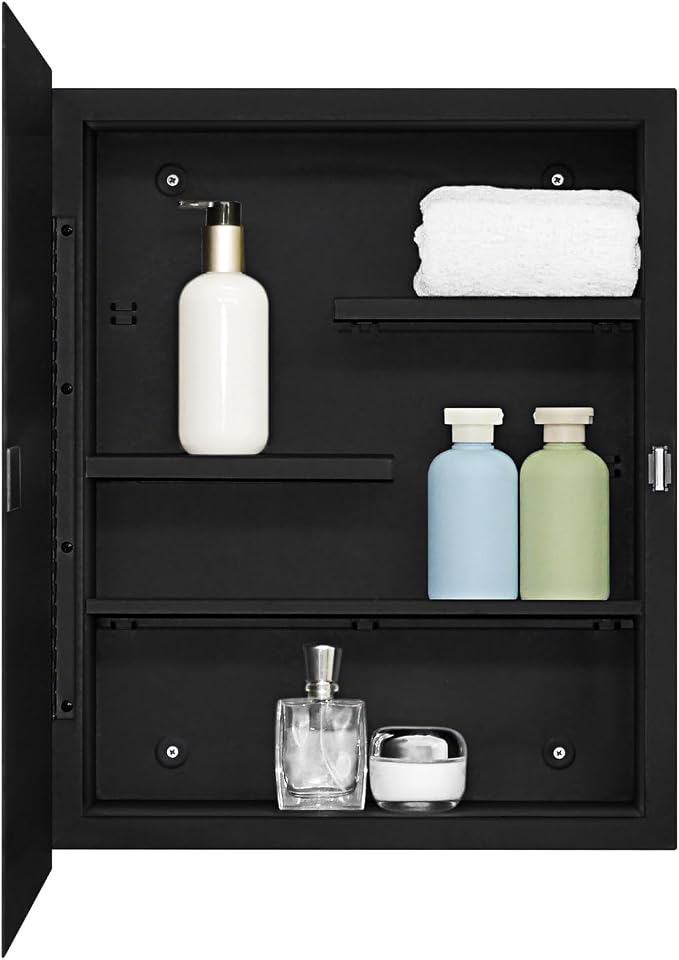 Black Metal Medicine Cabinet With Mirror, 16 x 20 Recessed Bathroom Storage | Recessed or Surface Mount Beveled Mirror Cabinet with Adjustable Staggered Shelves, Piano Hinge, Reversible Door, Powder Coat