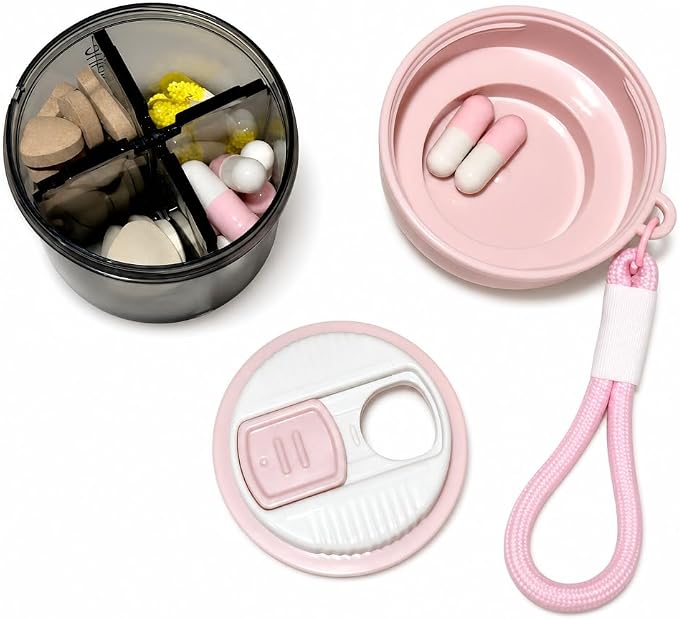 Pink Pill Box for Women Purse, Small Pill Box, Travel Pill Organizer, 4 compartments for Pill Bottles, fits in Pocket, Handbag Pill Organizer, Travel Pill case (Pink)