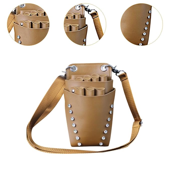 Scissors Pouch Hairdressing Scissors Bag Salon Hairstylist Tool Organizer PU Leather Waist Belt Shear Case Suitable for barbers pet groomers, Brown