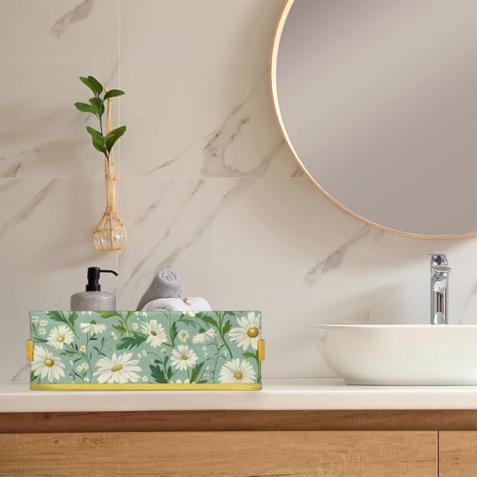 Daisy Green White Flowers Bathroom Storage Basket, Foldable with Handle Open Countertop Paper Towel Decorative Box, Toilet Tank Top Shelf Baskets for Home Closet Bedroom Living Room Office