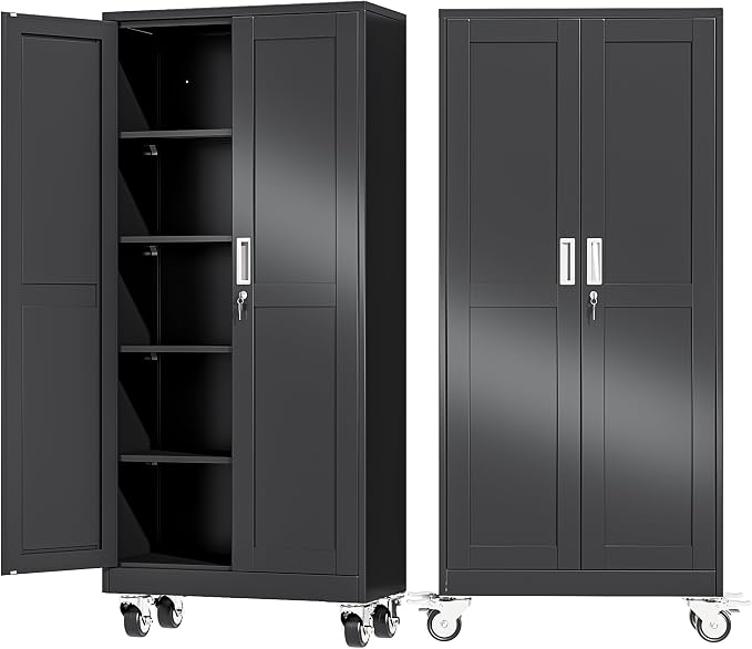 Ckzbx Metal Garage Storage Cabinet with Locking Doors and Adjustable Shelves,71" H Rolling Tool Storage with Wheels for Garage,Office (Black)
