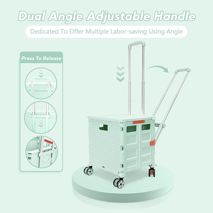 Foldable Utility Cart Rolling Crate Handcart Shopping Cart with Rotate Wheels Extended Magnetic Lid Telescoping Handle Adjustable Angle for Transports Groceries Office Teacher File(Green)