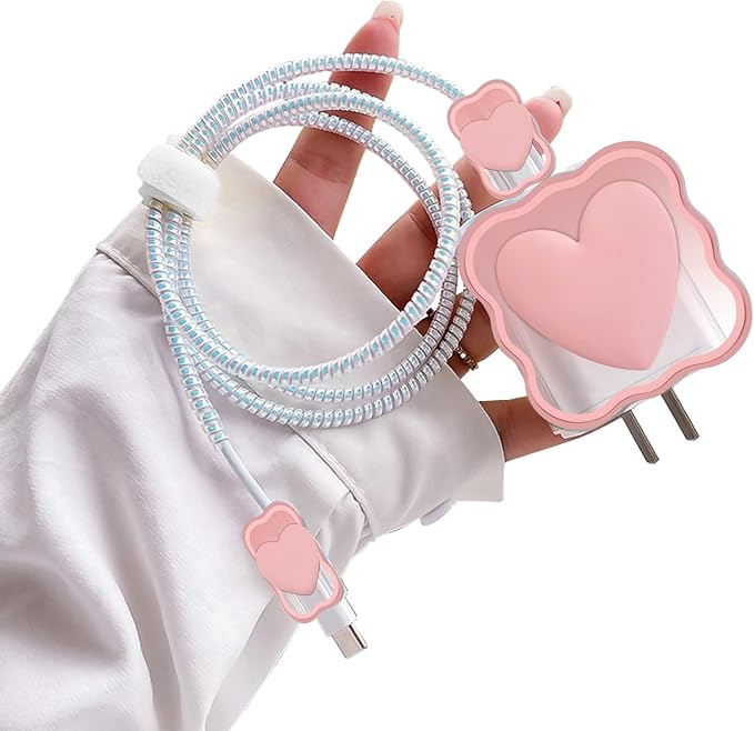 CameCosy Cute Waves DIY Cable Protector for iPhone Charger,Kawaii 3D Love Heart Design,Data Cable USB Charger Data Line Phone Wire Saver Protector for iPhone 11 12 13 14 Pro Max XS XR X 7 8 Plus-Pink