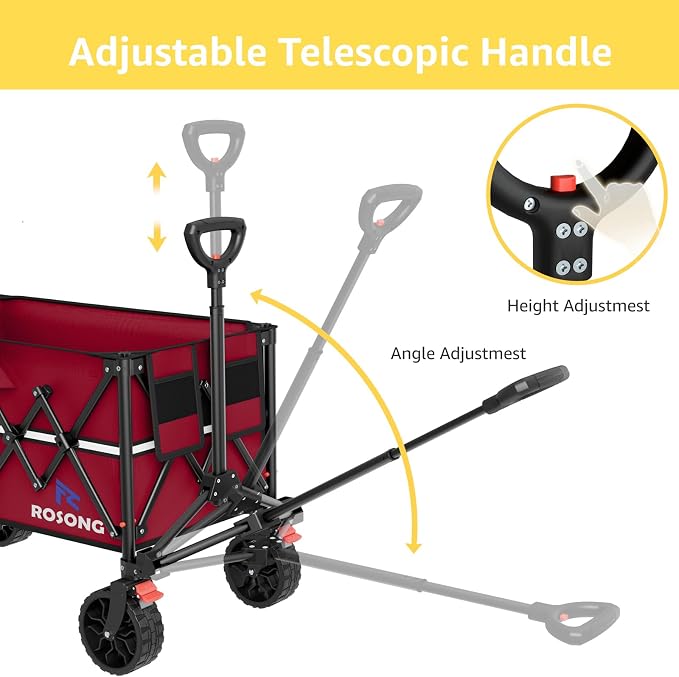 ROSONG Collapsible Wagon Cart with Wheels Foldable - Folding Utility Heavy Duty Wagons Carts for Grocery Sports Garden Shopping Camping Wheelbarrows (Burgundy, 150L)