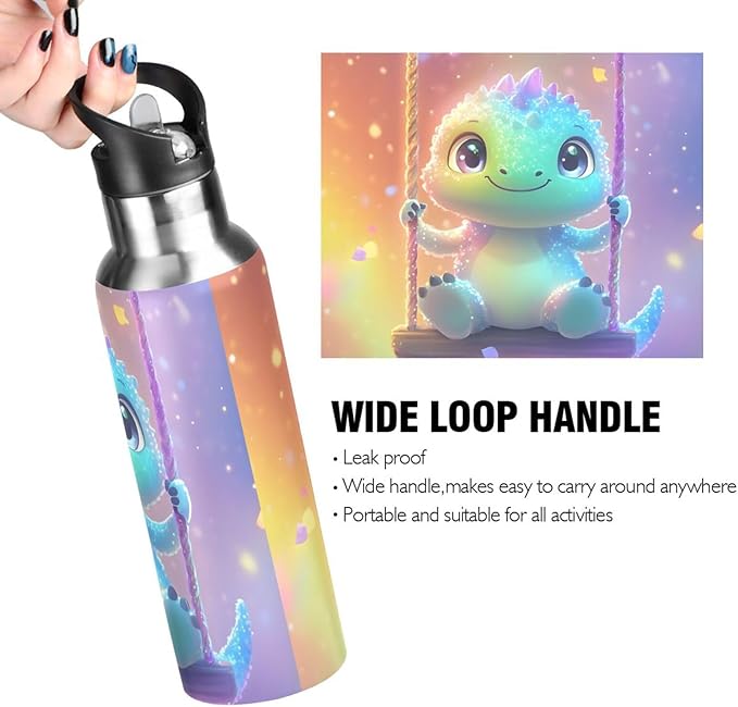 Swing Dinosaur Water Bottle with Straw Lid Kids Insulated Stainless Steel Water Flask Sports, 20 Oz Hot Cold