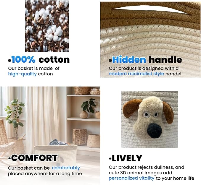 Bellar Kids Cute Animal Toy Basket,Medium Woven Storage Baskets For Children Toys & Baby Hamper Laundry,Cute Dog Decorative Organize For Children's Room 13"x10"