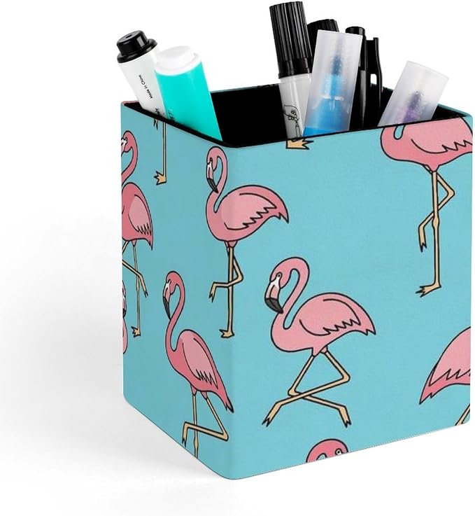 PU Leather Pen Pencil Holder Flamingo Floral Sky Blue Pencil Cup Stationery Container Box Makeup Brush Holder Storage Organizer for Office Supplies