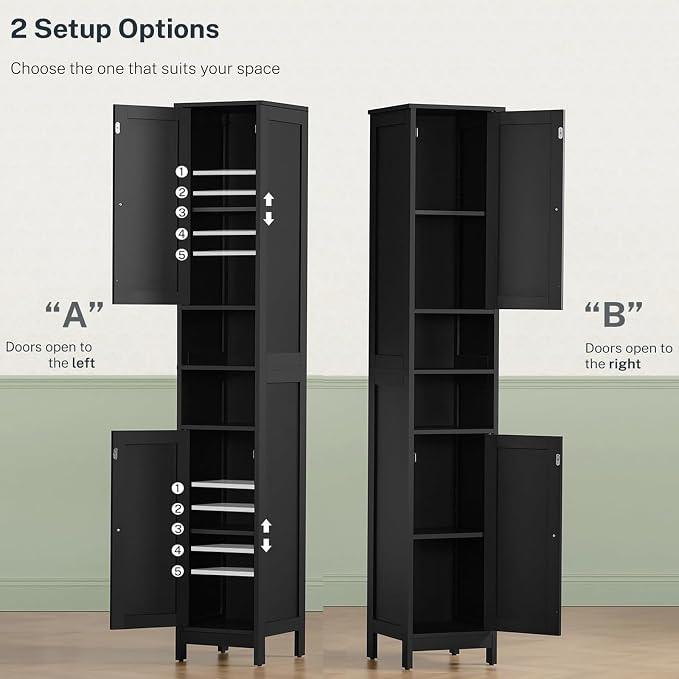 TEENFON 67" Tall Bathroom Cabinet with Adjustable Shelves and Doors | Narrow Bathroom Storage Cabinet for Small Space, Living Room, Entryway, Kitchen, Black