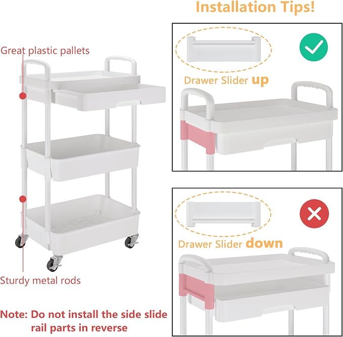 Calmootey 3-Tier Utility Cart with Drawer & Wheels, Storage for Home,Office | Space-Saving Organizer, Sturdy Plastic Shelves, Smooth-Rolling Metal Wheels, Built-in Drawer for Small Items, White