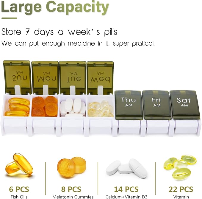2 Week Pill Box, MOLN HYMY 7 Day Pill Organizer 2 Times a Day, Weekly Pill Container to Hold Medication, Vitamins Fish Oils (Green)