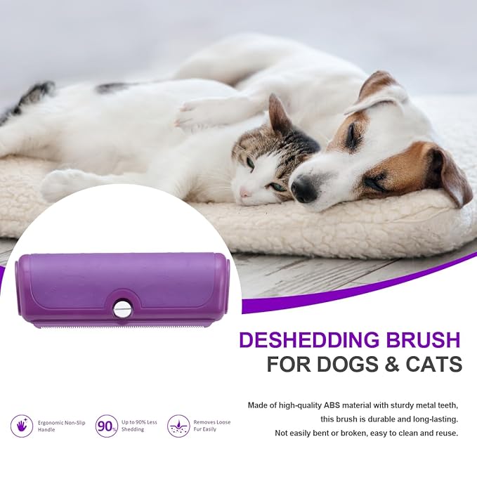 Dog & Cat Deshedding Brush, Dog Hair Brush for Grooming, Undercoat Grooming Tool for Short to Medium and Double Coats, Detachable Stainless Steel Shedding Blade, Ergonomic Non-Slip Handle, Purple