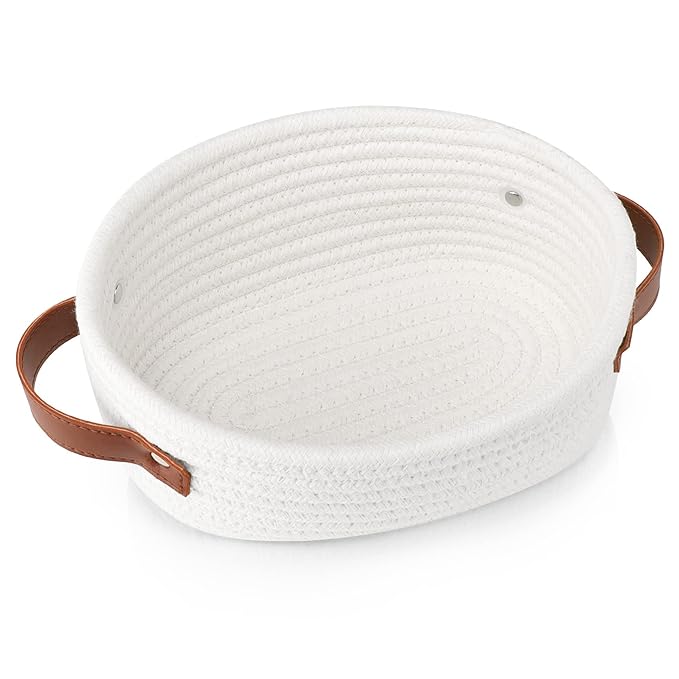 ABenkle Small Woven Basket, Mini Cotton Rope Storage Basket, Tiny White Easter Basket, Oval Decorative Toy Dog Cat Basket for Nursery, Empty Gift Baskets, 9.4" x 5.9" x 3.9" XS